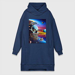 Женское худи-платье Иллюзия черепа - неоновый закат - нейросеть -сюрре, цвет: тёмно-синий