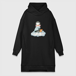 Женское худи-платье Пингвин на облаке, цвет: черный
