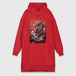 Женское худи-платье С драконом на волне и цветами, цвет: красный