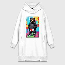 Женское худи-платье Прикольный мишутка - поп-арт - нейросеть, цвет: белый