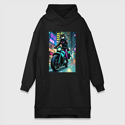 Женское худи-платье Кошечка байкер - нейросеть, цвет: черный