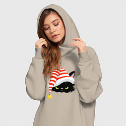 Женское худи-платье Новогодний черный кот в новогоднем колпаке, цвет: миндальный — фото 2