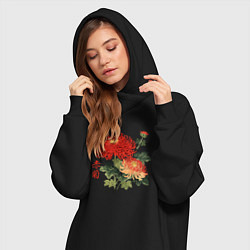 Женское худи-платье Красные хризантемы, цвет: черный — фото 2