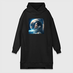 Женское худи-платье Космическая девушка в космосе, цвет: черный