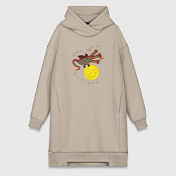 Женское худи-платье Змей Горыныч с монетой Биткойна, цвет: миндальный