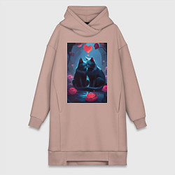Женское худи-платье Влюбленные котики во тьме, цвет: пыльно-розовый