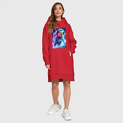 Женское худи-платье Полёт капибары в космосе - неон, цвет: красный — фото 2