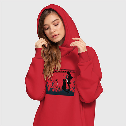 Женская толстовка-платье Девушка и кот или музыка для души / Красный – фото 3