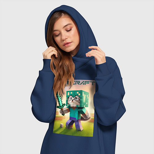 Женская толстовка-платье Котёнок Майнкрафт - коллаба нейросеть / Тёмно-синий – фото 3