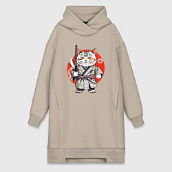 Женское худи-платье Ниндзя кот с саблей красное солнце, цвет: миндальный