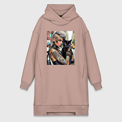 Женское худи-платье Девчонка панк в татухах с чёрным котом - нейросеть, цвет: пыльно-розовый