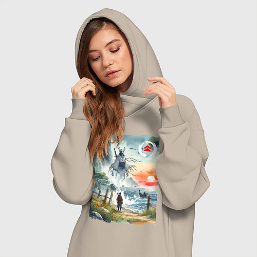 Женская толстовка-платье Ghost of Tsushima - watercolor / Миндальный – фото 3