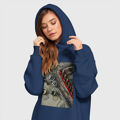 Женская толстовка-платье Трещотка ключ и чертеж / Тёмно-синий – фото 3