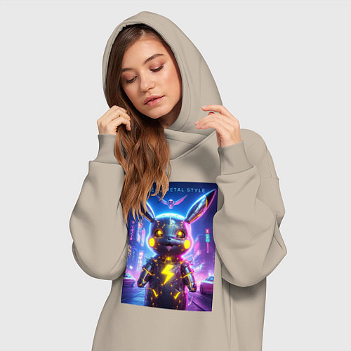 Женская толстовка-платье Cyber Pikachu - metal style neon glow / Миндальный – фото 3
