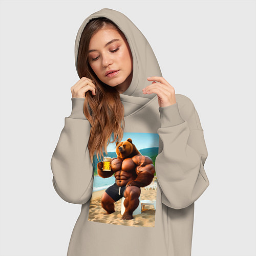 Женская толстовка-платье Медведь бодибилдер с кружкой пива на пляже - нейро / Миндальный – фото 3