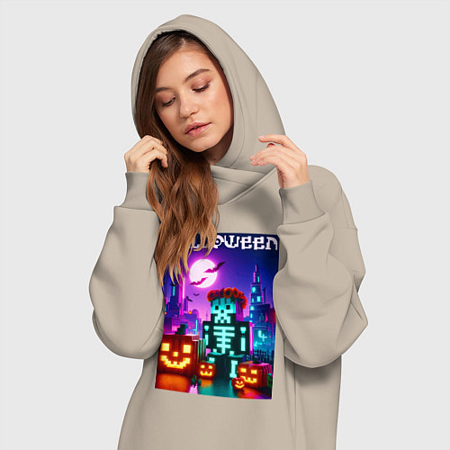 Женская толстовка-платье Pumpkin and skeleton - neon glow / Миндальный – фото 3