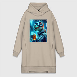 Женское худи-платье Крутой чувак Дино с кружкой пива - нейроарт, цвет: миндальный