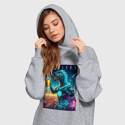 Женская толстовка-платье Дино с кружкой пива в Мегаполисе - нейроарт / Меланж – фото 3