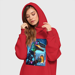 Женское худи-платье Крутой неоновый пивозавр в мегаполисе - киберпанк, цвет: красный — фото 2