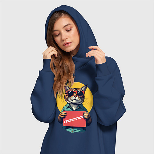Женская толстовка-платье Сat with a poster / Тёмно-синий – фото 3