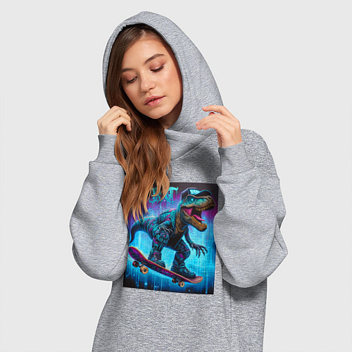 Женская толстовка-платье Dude tyrannosaur on a skateboard - ai art / Меланж – фото 3