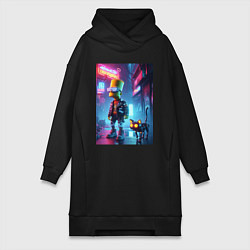 Женское худи-платье Барт Симпсон гуляет с роботом котом в ночном город, цвет: черный