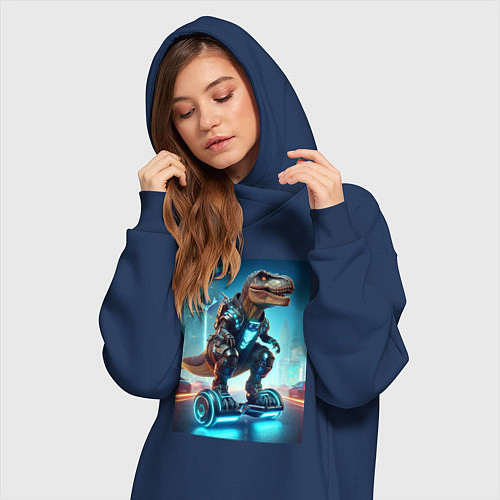Женская толстовка-платье Cyber tyrannosaur on a hoverboard - neon glow fant / Тёмно-синий – фото 3