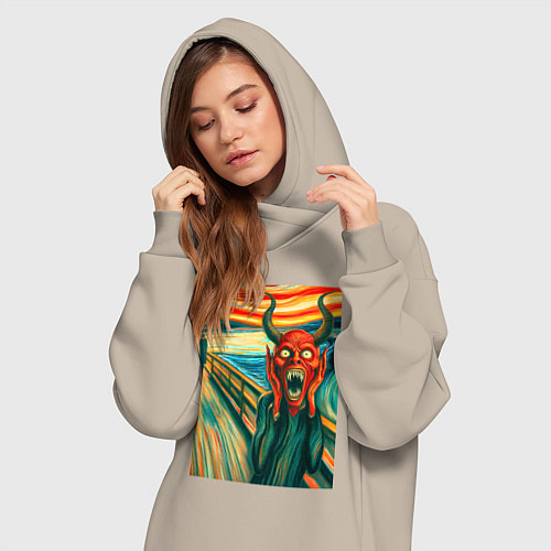 Женская толстовка-платье Демон кричит на картине Эдварда Мунка - мем искусс / Миндальный – фото 3