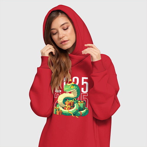 Женская толстовка-платье Новогодняя зелёная змея 2025 / Красный – фото 3