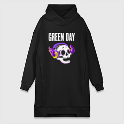 Женское худи-платье Green Day - неоновый череп, цвет: черный