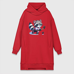Женское худи-платье Енотик хоккейный форвард - нейроарт, цвет: красный