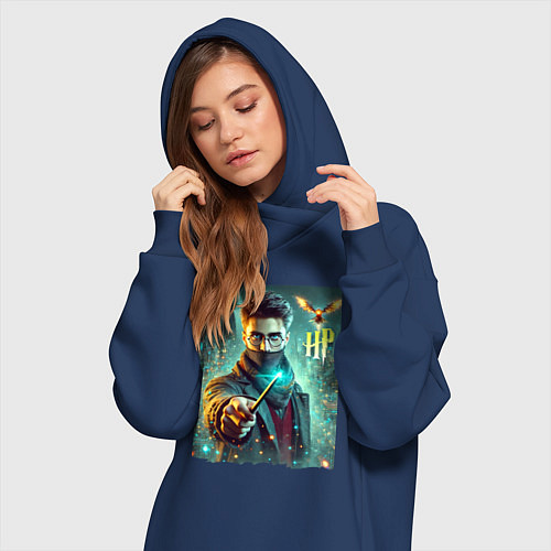 Женская толстовка-платье Harry Potter with a magic wand - ai art fantasy / Тёмно-синий – фото 3