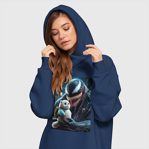Женская толстовка-платье Venom and funny kitten with backpack / Тёмно-синий – фото 3