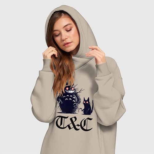 Женская толстовка-платье Totoro and black cat - anime / Миндальный – фото 3