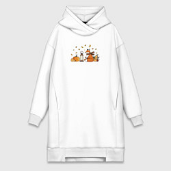 Женское худи-платье Лиса с тыквами и фонарём, цвет: белый