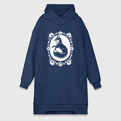 Женское худи-платье Лиса в цветочной раме, цвет: тёмно-синий