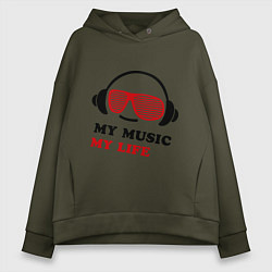 Толстовка оверсайз женская My music my life, цвет: хаки