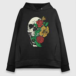 Толстовка оверсайз женская Floral Roses Skull, цвет: черный