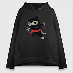 Толстовка оверсайз женская Ninja Cat, цвет: черный