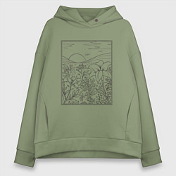 Толстовка оверсайз женская Пейзаж с холмами и цветами, цвет: авокадо