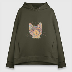 Толстовка оверсайз женская A 018 Цветной кот, цвет: хаки