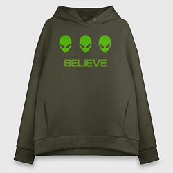 Толстовка оверсайз женская BELIEVE инопланетяне, цвет: хаки