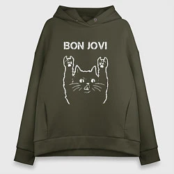 Толстовка оверсайз женская Bon Jovi Рок кот, цвет: хаки
