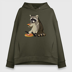 Толстовка оверсайз женская Енот кушает пиццу, цвет: хаки
