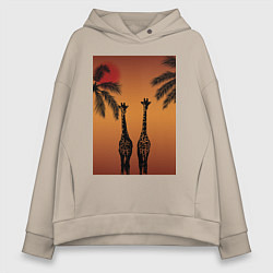 Толстовка оверсайз женская Жирафы и пальмы на закате, цвет: миндальный