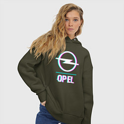 Толстовка оверсайз женская Значок Opel в стиле glitch, цвет: хаки — фото 2