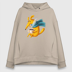 Толстовка оверсайз женская Замерзший песик пьет кофе, цвет: миндальный