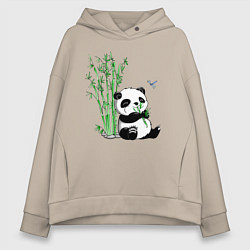Толстовка оверсайз женская Панда бамбук и стрекоза, цвет: миндальный