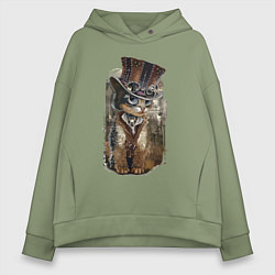 Толстовка оверсайз женская Прикольный котёнок в шляпе, цвет: авокадо