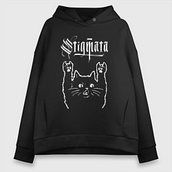 Толстовка оверсайз женская Stigmata рок кот, цвет: черный